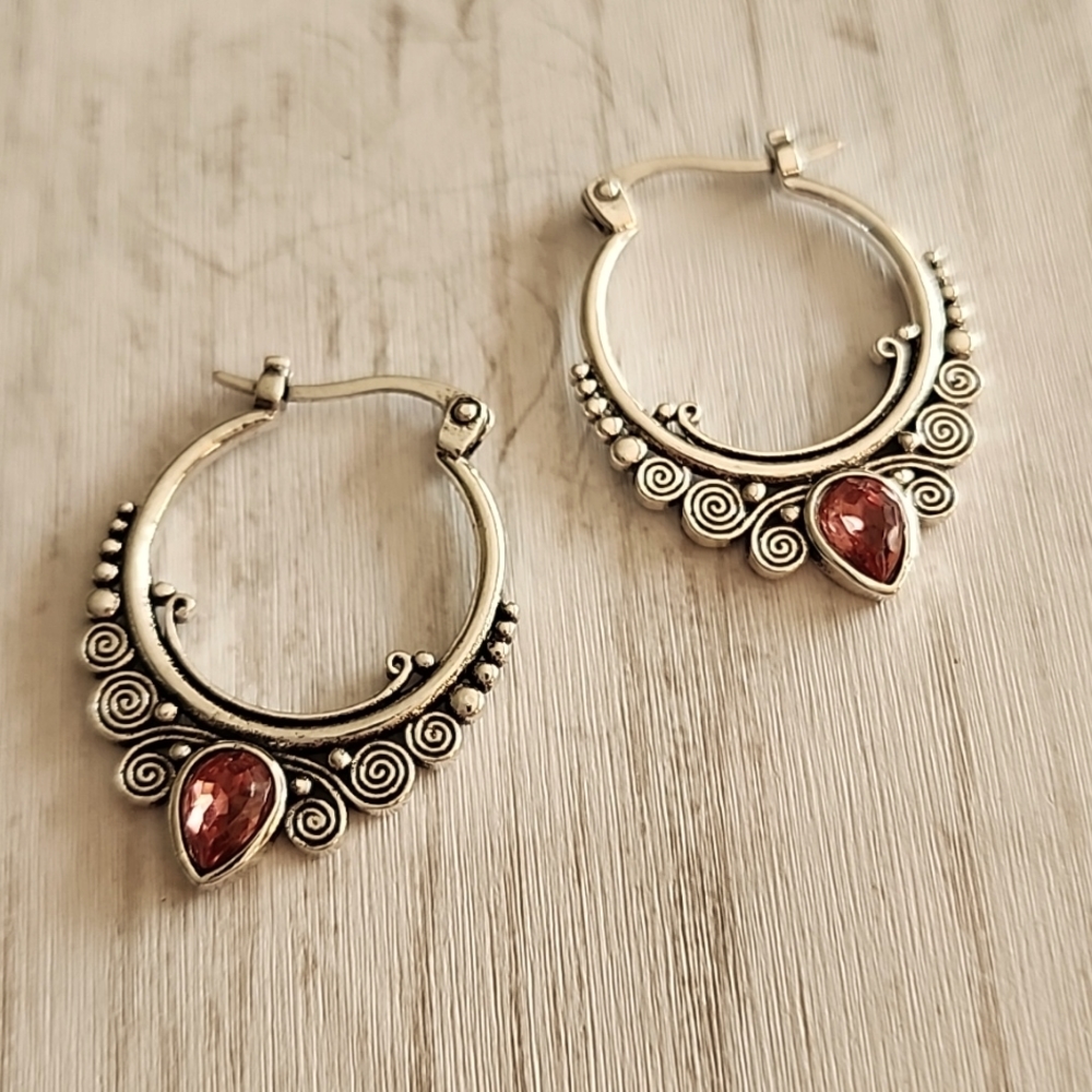 DARK PINK Simulated Tear drop Gemstone Tribal Hoop Earrings